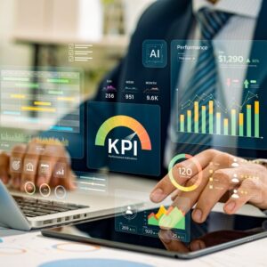 AI for Tech Leaders: Man analyzing KPIs and performance data on a tablet.