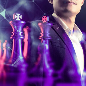 AI for Leaders: Chess pieces and leader symbolize strategic thinking and innovation.