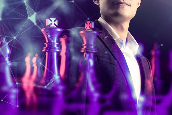 AI for Leaders: Chess pieces and leader symbolize strategic thinking and innovation.