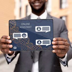 AI for Customer Service. Tablet displaying online assistant, chatbot, and customer support icons.