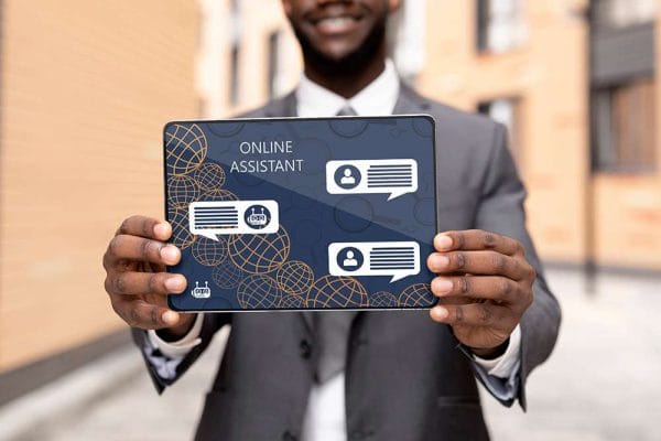AI for Customer Service. Tablet displaying online assistant, chatbot, and customer support icons.