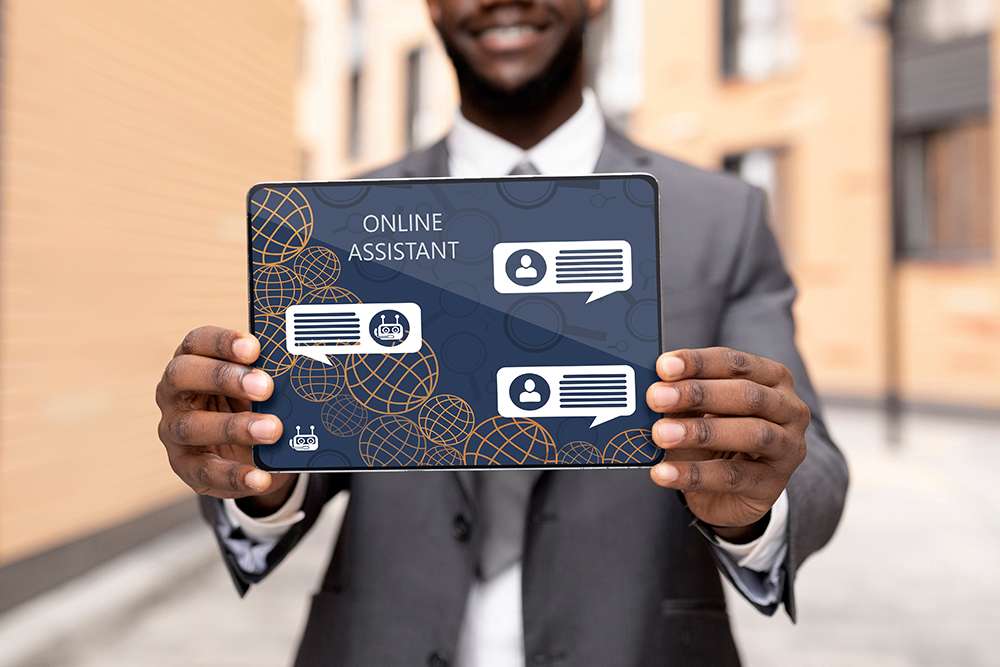 AI for Customer Service. Tablet displaying online assistant, chatbot, and customer support icons.