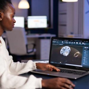 AI for Product Management: Woman using AI on laptop. Product design and development with AI.
