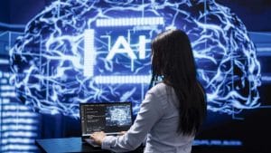 AI for Programmers: Woman coding with AI brain graphic. Artificial intelligence development concept.