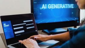 AI for Sales: Professional using AI chat on laptop. Generative AI on computer screen.