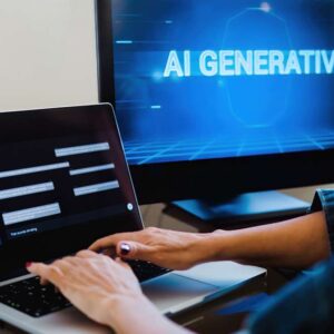 AI for Sales: Professional using AI chat on laptop. Generative AI on computer screen.