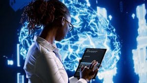 AI software engineer codes on a tablet. Digital brain background. Artificial intelligence concept.