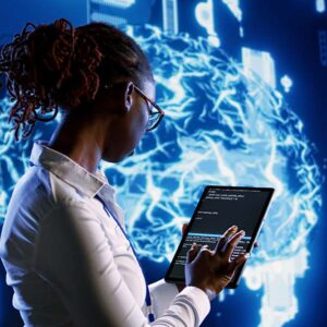 AI software engineer codes on a tablet. Digital brain background. Artificial intelligence concept.