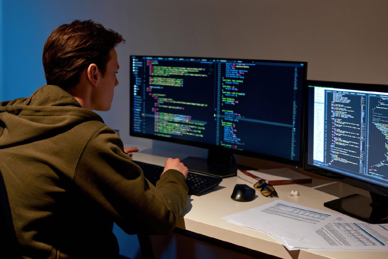 Python Novice to Pythonista: Programmer coding on dual monitors. Learning Python programming.