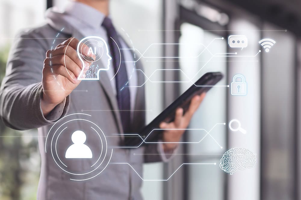 Generative AI business transformation. Businessman with AI, data, and technology icons.