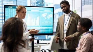 Information security leaders discuss data on screen. Business meeting.