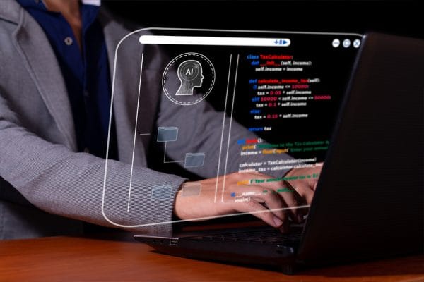 Leveraging Generative AI APIs: Person coding on laptop with AI interface. AI-powered coding, generative AI, API integration.
