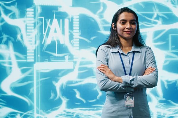Machine Learning/AI Engineer. Woman with AI background. Artificial Intelligence concept.