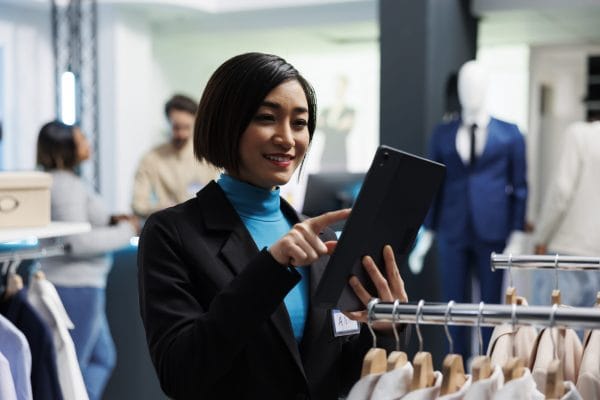 Merchandiser using tablet in store. Woman managing inventory, clothing racks. Retail merchandising journey.