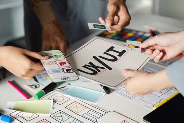 UX/UI design process. Hands arranging cards with app interface elements on a table. Brainstorming user experience.