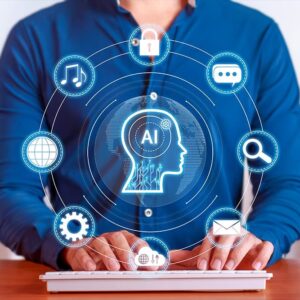 AI Apprentice to AI Architect: Person typing with AI brain graphic and icons. Artificial intelligence concept.