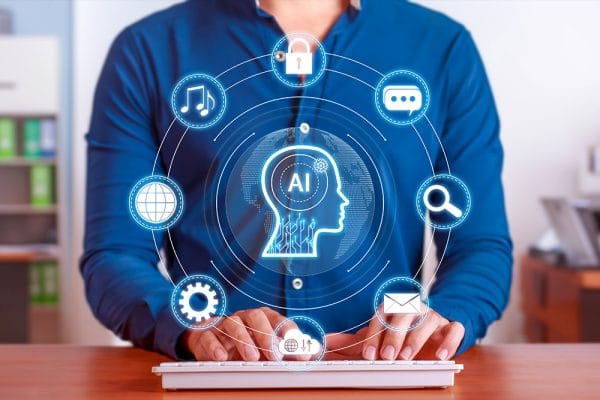 AI Apprentice to AI Architect: Person typing with AI brain graphic and icons. Artificial intelligence concept.
