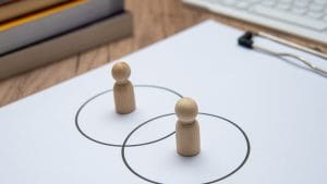 Communication essentials concept. Wooden figures in circles, representing interpersonal skills. Teamwork and collaboration.