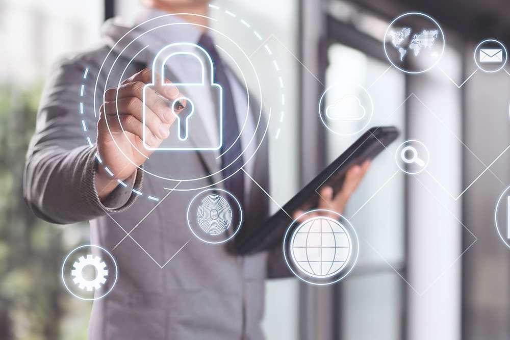 CompTIA Security+ certification. Man in suit with data protection, cybersecurity, and network security icons.