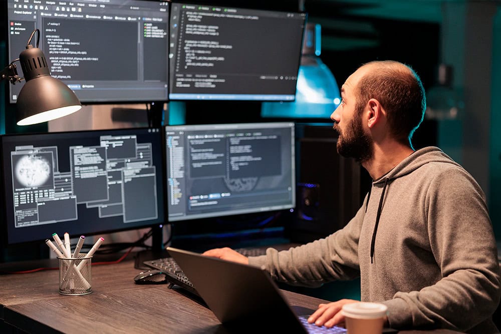 CISSP professional working on cybersecurity. Man coding on multiple monitors. IT security analyst at work.